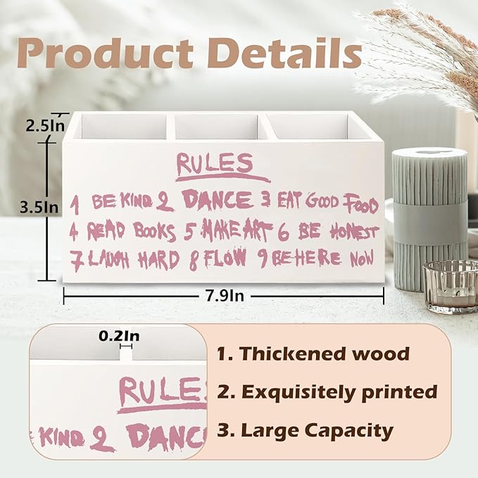 URLLUAE Inspirational Pink Rules Makeup Brush Toothbrush Holder Organizer for Dorm Bathroom Vanity, Trendy Preppy Pink Girly Wooden Pen Pencil Holder for Desk Accessories