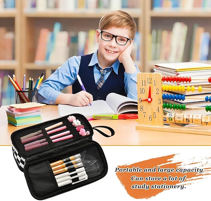 BOENLE Black White Checkered Pencil Case Box Boys Girls Large Pencil Pouch Zipper Compartments Big Capacity Stationery Pen Bag Organizer for Kids Teens Adults School
