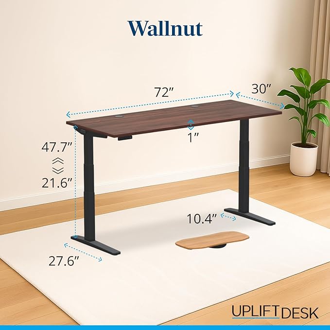 UPLIFTDESK V3 2-Leg Walnut Laminate Wood Standing Desk – Adjustable Height, Advanced 1-Touch Memory Keypad, Under Desk Cable Management, Wire Grommets & Rocker Board (Black C-Frame, 72 x 30 inch)