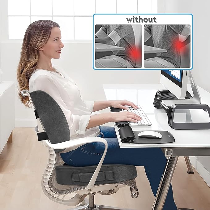CloudBliss Seat Cushion,Office Chair Cushions,Car Seat Cushion,Lumbar Support Pillow for Office Chair,Back Support Memory Foam Pillow Coccyx Cushion for Tailbone Pain,Sciatica & Back Pain Relief -Grey