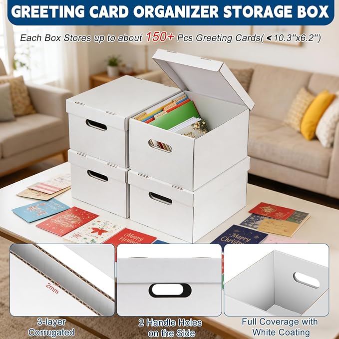 4Pack Greeting Card Storage Box, Greeting Card Organizer Box with 20 Dividers Holds 600 Cards+, Large Capacity Greeting Card Holder with 4 Sticker Labels White Card Box for Postcards, Photos, Envelope