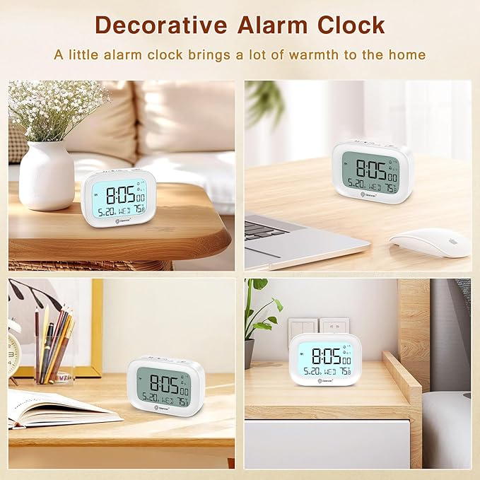 Geevon Small Travel Alarm Clock, Digital Alarm Clocks for Bedrooms Home Office, Battery Operated Desk Clock with 3 Inch Large Display, 2 Alarms, 5s Backlight, Snooze, Indoor Temperature, White