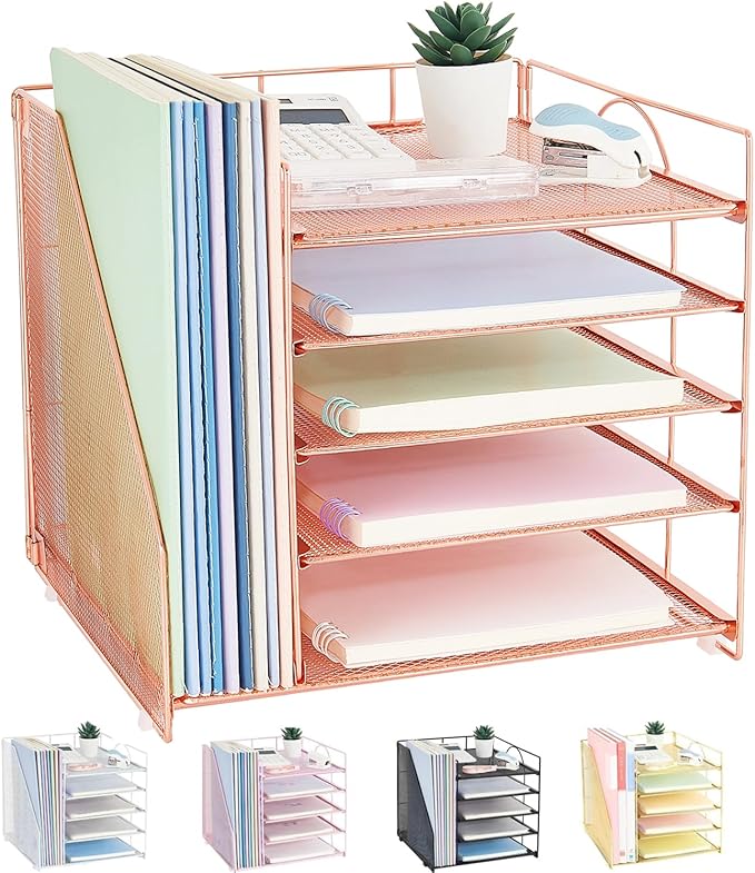 LEKETREE Desk Organizers and Accessories, 5-Tier Paper Letter Tray Organizer with File Holder, Desktop Organizer for Office Supplies (Rose Gold)