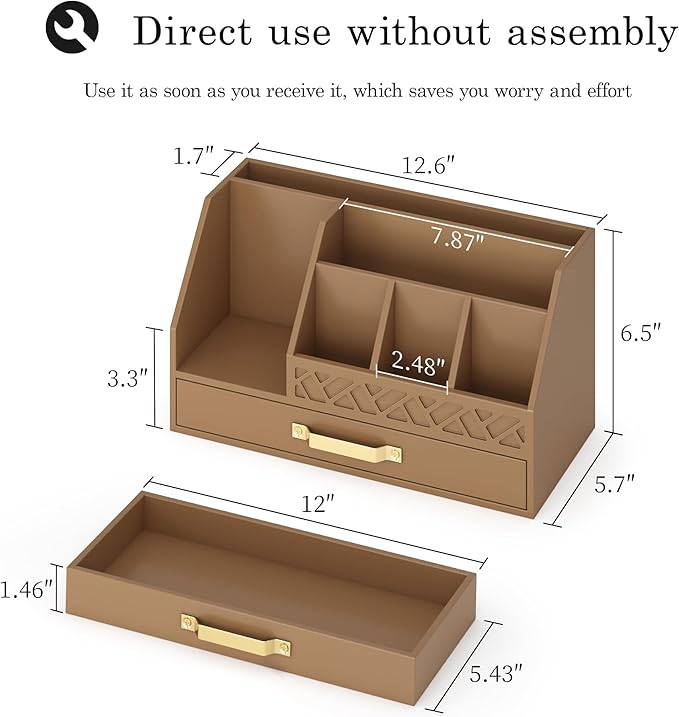 Wisuce Essentials Bamboo Desk Organizer with Drawers, Mail Organizer Countertop Wood Desk Drawer Tabletop Storage Organization Pen Holder Letter Sorter Makeup Organizer for School Home Office (Brown)