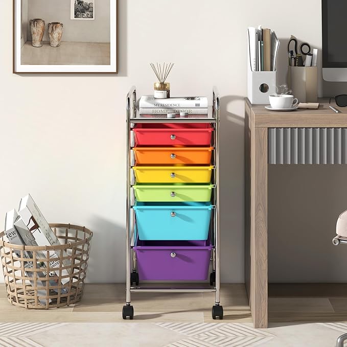 RELAX4LIFE 6-Drawer Rolling Storage Cart - Classroom Organization on Wheels w/Removable Plastic Drawers, Mobile Art Craft Cart for School Paper Home Office, Utility Cart with Drawers (Multicolor)