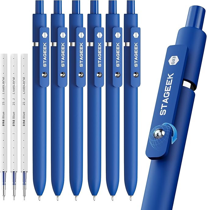 STAGEEK Blue Gel Pens, 6Pcs Quick Dry Blue Ink Pens with 3 Extra Refills, Fine Point Retractable Smooth Writing Pens for Journaling, Office, Note Taking, School Supplies, Nurse Aesthetic(Blue)