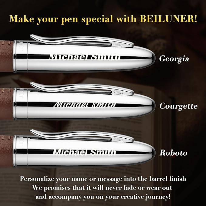 BEILUNER 318 Luxury Personalized Leather Pen, Hand-Stitched Premium Leather, Chrome-Plated Finish, Schmidt Refill, Fancy Rollerball Pen Gift Set for Men & Women, Executive Writing, Nice Designer pen