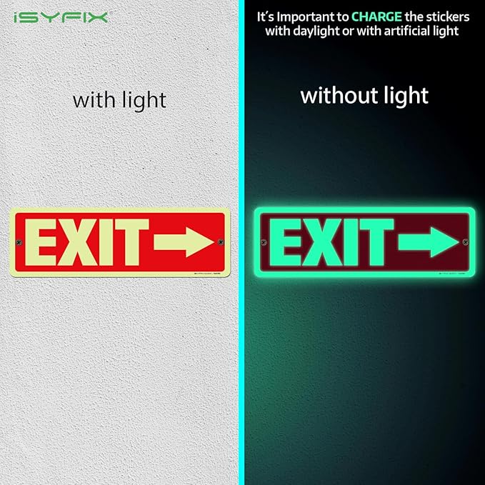 iSYFIX Exit Signs with Directional Right Arrow, Glow in the Dark, Photoluminescent Aluminum 12x4 Inch - 6 Pack, Laminated for UV & Weather Resistance, Ideal for Offices, Schools, Theaters & More