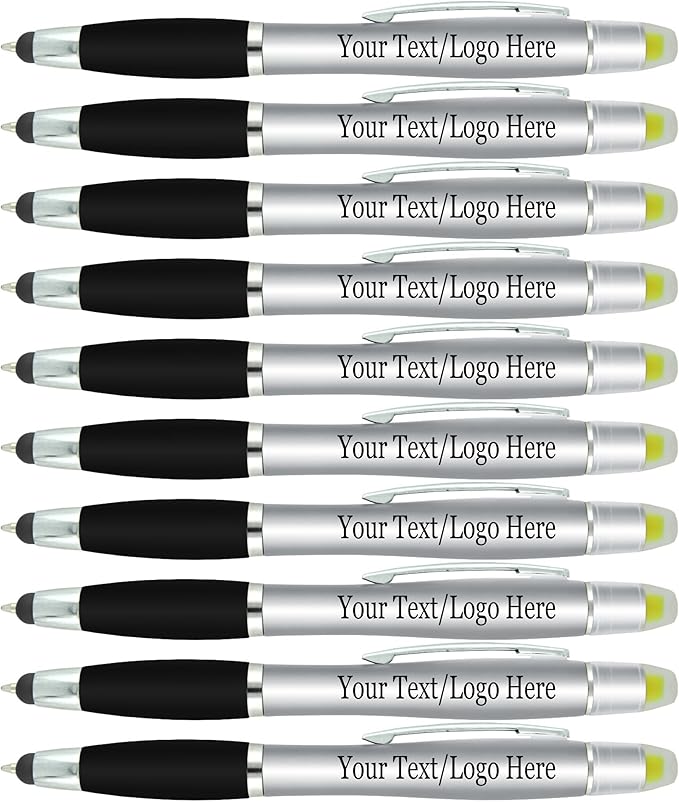 SyPen Personalized Pens with Gel Highlighter and Stylus -200 Pack Bulk-Free Imprint - 3 In Bible Highlighter No Bleed, Ballpoint Pen, and Stylus Combo- add Custom Name, Logo or Gift Message- Silver