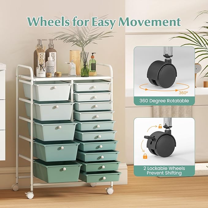 COSTWAY 15-Drawer Rolling Storage Cart, Mobile Utility Cart with Heavy-duty Frame & Lockable Wheels, Multipurpose Storage Organizer for Paper, Office, School, Green Gradient