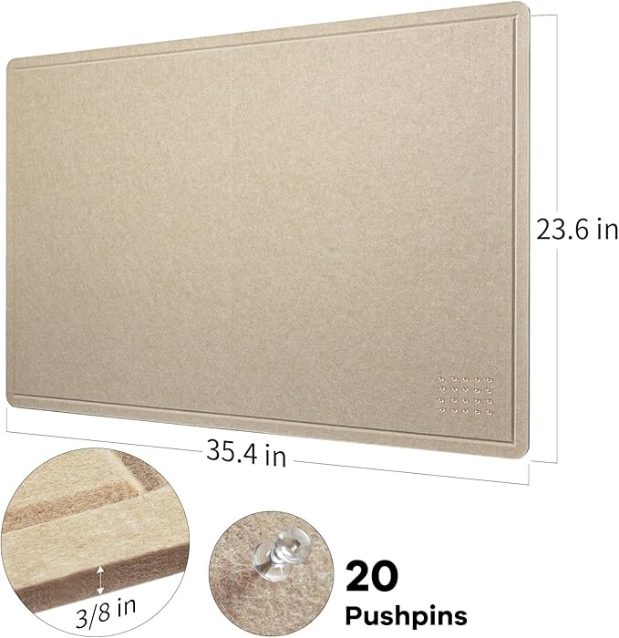 Bulletin Board, 36 x 24 inches Felt Board - Decorative Pin Board, Cork Board Alternative for Wall, 3' x 2' Foldable Self-Adhesive Vision Board Prayer Board with 20 Pushpins - Beige Brown
