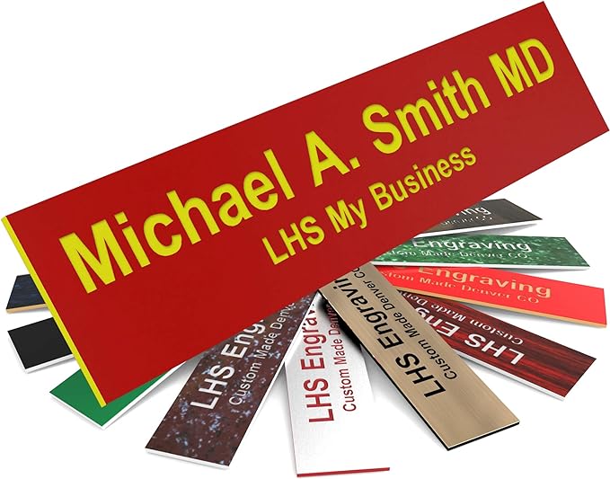 Door Name Plate Personalized for Office Red Plastic Name Plate with Yellow Letters - Made in USA 2x12 B22