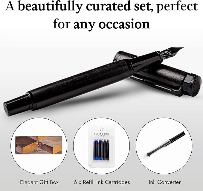 Ellington Pens Luxury Wood Fountain Pen Set – Extra Fine Nib - Includes 6 Ink Cartridges, Wooden Pen Gift Box, Ink Converter - Wood Pen For Writing, Calligraphy, Journaling, Drawing (Ebon Elegance)