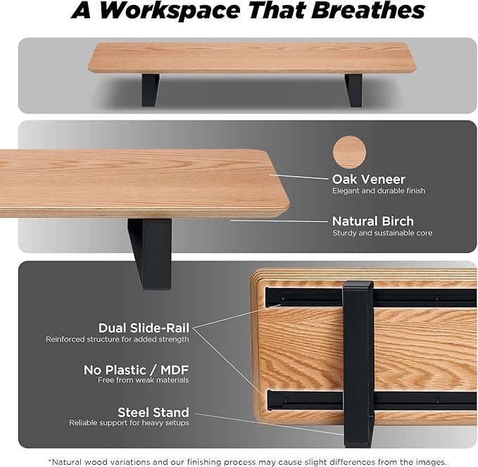 ULTRARM Moodular Wooden Monitor Stand 33.4” (85cm) Desk Organizer with Metal Slide Rails for Drawer, Tray, Laptop, Tablet, Phone & Headphones Customizable Riser for Organized Workspace Oak MS85-O