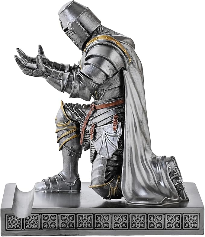NCQIXIAO Medieval Templar Vanguard Officer Knight Pen Holder Pen Stand Desk Organizers and Accessories Resin Mobile Phone Stand as Gift for Office and Home Desk Organizer (Silver)