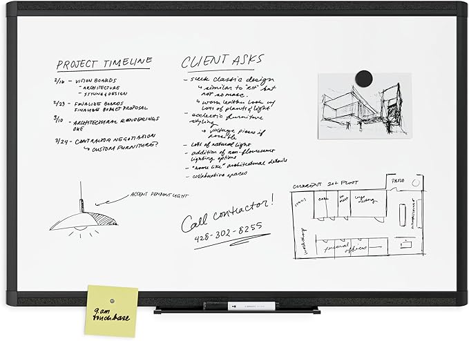 U Brands PINIT Magnetic Dry Erase White Board, Black Aluminum Frame with Pin Strips Across The Top and Bottom (36" W x 24" H)