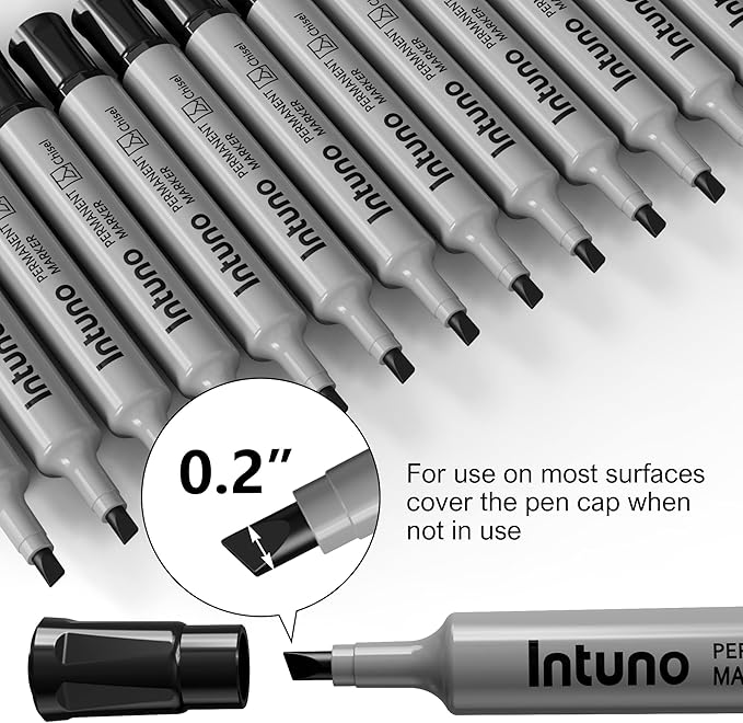 INTUNO Permanent Markers, 96 Count Black, Chisel tip, Oil-Based Permanent Markers, Waterproof and Fade-Resistant, for Paper, Wood, Metal, Glass and More