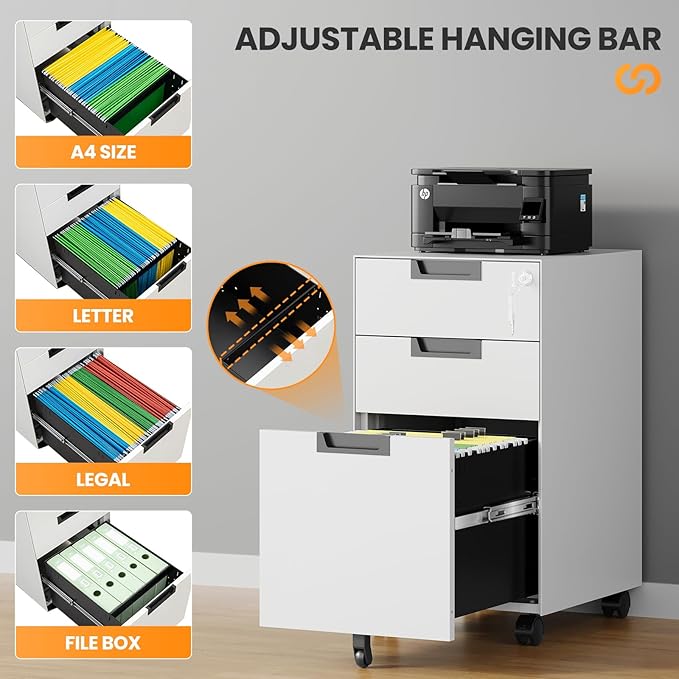 AFAIF 3 Drawer File Cabinet with Lock, Fully Assembled Metal Mobile Filing Cabinets for Home Office, Small Rolling File Caninet on Wheels for Legal/Letter / A4 File, White