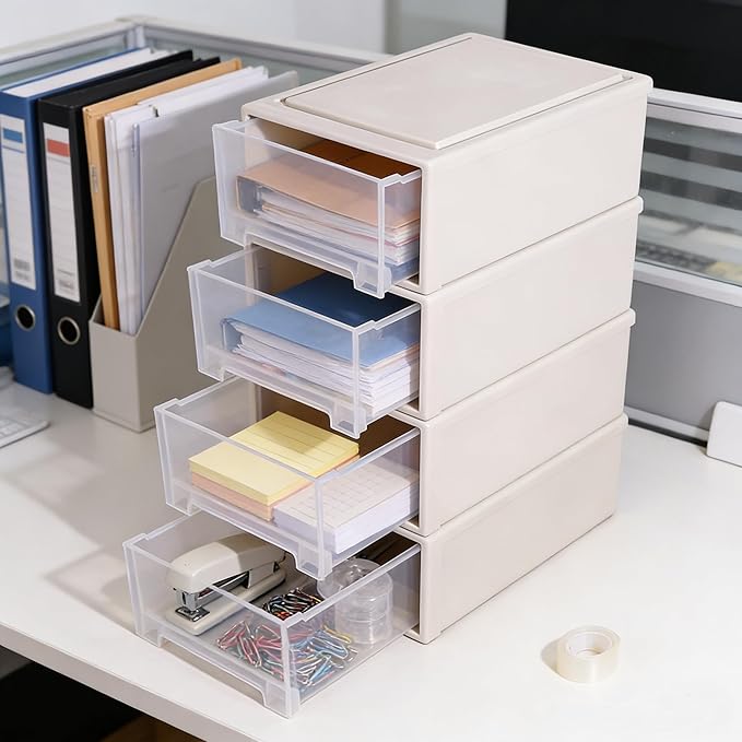 Buyitt 12 Quart Desktop Drawer Storage Unit, Plastic Stackable Storage Drawer, 4 Pack