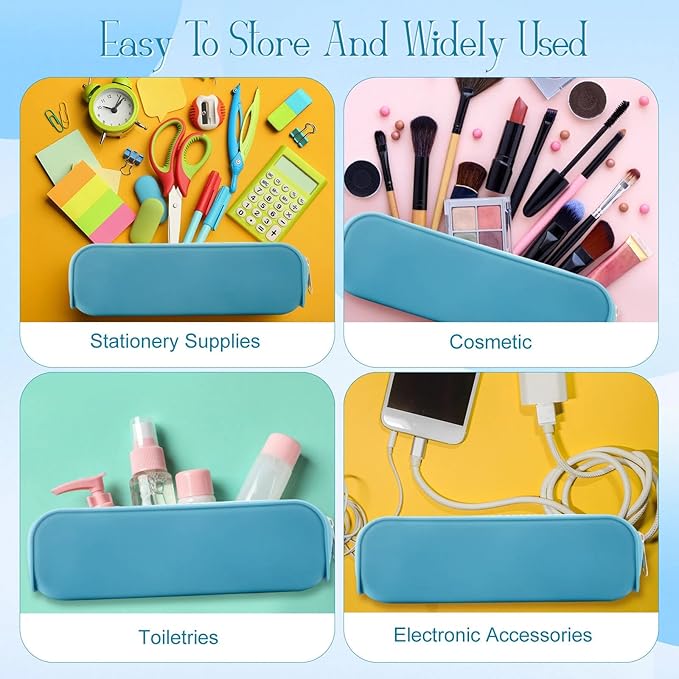 Feifeiya 8 Pcs Silicone Pencil Case Pen Zipper Pouch Bags Aesthetic Back to School Gifts Stationery Travel Toiletry Makeup Coin Organizer Waterproof Valentines Galentines Party Favors (Blue)