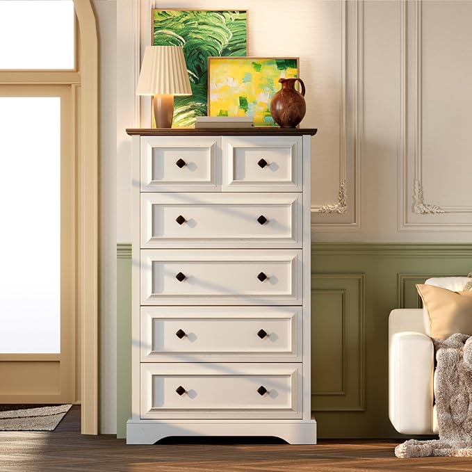 VVFLU Farmhouse 6 Drawer Dresser, 48" Tall White Dresser with Natural Texture & Metal Handles, Storage Drawer Chest for Bedroom, Living Room, Hallway, Vintage Design (Antique White)