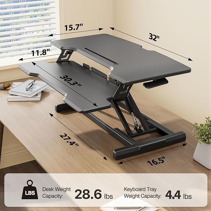 JYLH JOYSEEKER Standing Desk Converter 32 inch, Height Adjustable Sit Stand Desk Riser, Quick Sit to Stand Tabletop Dual Monitor Riser Workstation for Home Office with Keyboard Tray, Black