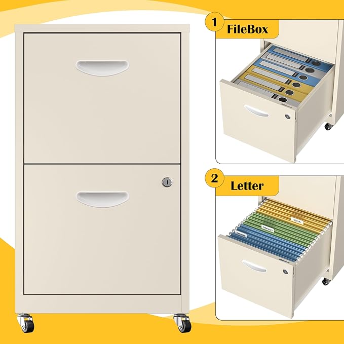 SteeLoong 2 Drawer File Cabinet with Lock，Cream Rolling File Cabinet for Home Office, Metal Small Mobile Filing Cabinets on Wheels for Hanging Letter