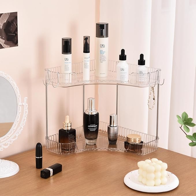 Trdongxu 2-Tier Corner Bathroom Organizer Countertop with Hooks, Bathroom Sink Corner Vanity Storage for Makeup, Skincare and Perfume (White Silver)