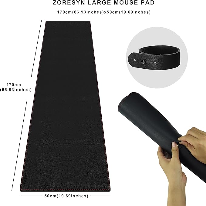 ZORESYN PU Leather Desk Mat Waterproof Anti-Oil Dining Table mat - 66.9" x 19.7" - Non-Slip Mouse Pad,Large Desk Pad with Suede Base,Stitched Edges Computer Desk Mat for Gamer,Office & Home | Black