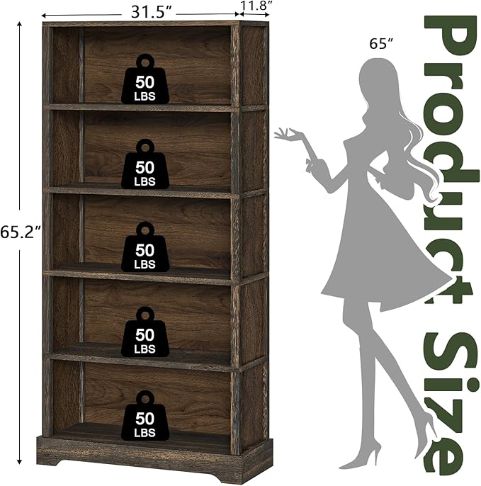 TVU 5-Tier Solid Wood Book Shelf, Floor Standing Bookcase, 65" H × 31.5" W × 11.8" D Bookshelf, Farmhouse Style Book Case with Arched Base, Suitable for Living Room, Study, Office, Rustic Brown