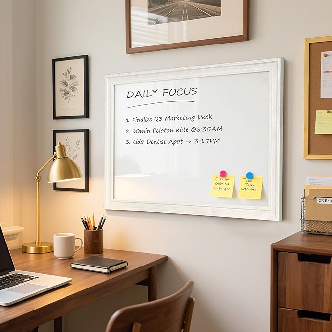 White Board for Wall, 24'' x 18'' Magnetic Dry Erase Board, Decorative Whiteboard with White Vintage Wooden Frame, Hanging Writing Board for Home Office School Dorm