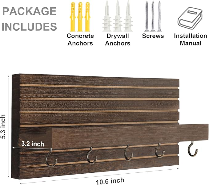 Lwenki Decorative Key Holder for Wall with Shelf, Entryway Shelf with Hooks Holds Leashes, Jackets and Glasses – Sturdy Wood Keyholder Entrance Hanger with Mounting Hardware (Brown, Medium)