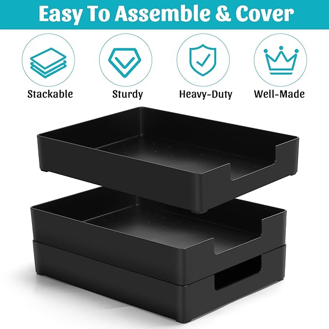 AZFUNN Letter-Size Tray Desk Letter Tray Paper Tray, Sturdy Heavy-Duty Plastic Printer Paper Tray, Single-Tier Stackable File Storage Organizer for Office Home (2, Black)