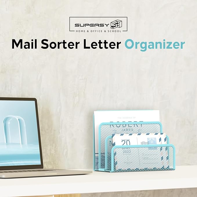 SUPEASY Mail Organizer for Desk, Mesh Metal Mail Holder Countertop with 3-Slot, Letter Sorter File Holder, Office Envelope Organizer for Mails (Blue)