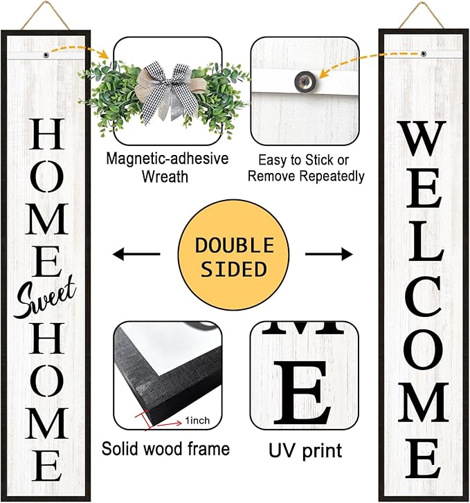 Double-sided Welcome Wooden Sign Stand with Magnetic-adhesive Wreath for Front Door, 47" Vertical Farmhouse Home Sweet Home Porch Sign, 2in1 Large Tall Porch Leaner Decor for Outdoor Patio Garden