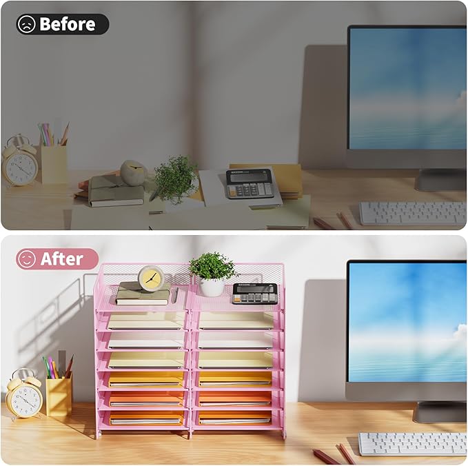 Marbrasse Desktop Literature Organizer, 12 Compartments Mesh Paper Organizer Desk Organizers, Adjustable File Sorter Mail Center Paper Storage Cabinet Classroom Mailbox for Office Home School, Pink
