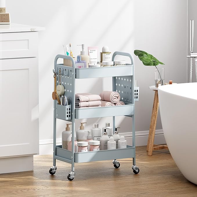 KINGRACK 3 Tier Rolling Cart with DIY Hanging Board, Metal Rolling Utility Cart with Wheels Handles Baskets Hooks, Rolling Storage Cart Suitable for Bathroom, Kitchen, Office, Nursery Diaper (Green)