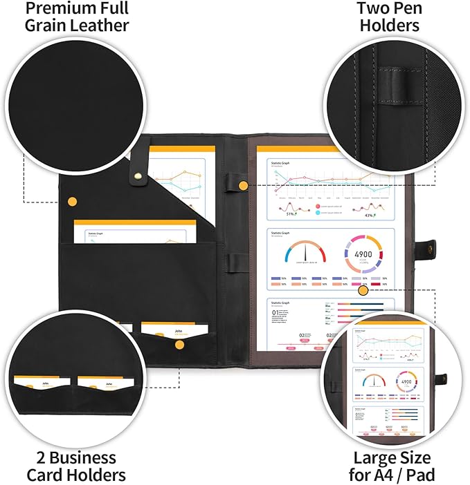Jack&Chris Leather Portfolio, A4 Document Folder Legal Pad Padfolio, Professional Writing Letter Notepad Clipboard Sleeve Organizer, Resume Folio Binder for Men&Women,Black
