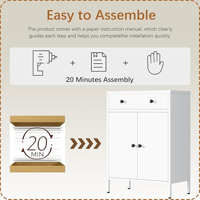 TaskStorz Metal Storage Cabinet with Drawer and Adjustable Shelf, 2-Piece Set White Steel Sideboard Buffet Cabinet, Coffee Bar Cabinet for Kitchen, Dining Room, Entryway
