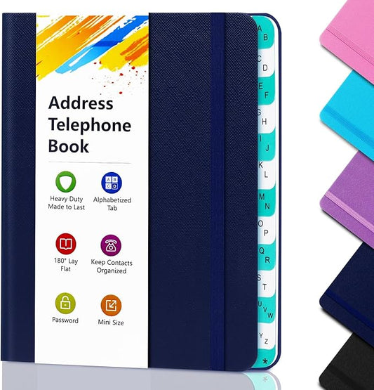 BLESWIN Address Book – Telephone and Address Book with Alphabetic Tabs for Safely Storing Contacts, Small-Sized (6.1″ x 4.7″) Hardback Cover – Dark Blue