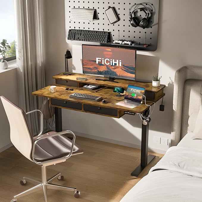 FiCiHi Adjustable Height Standing Desk with 4 Drawers,55 x 30 inches Electric Sit Stand Home Office Desk with Two Tiers, 3 Memory Presets, Monitor Stand Riser, USB A/C Charging Port