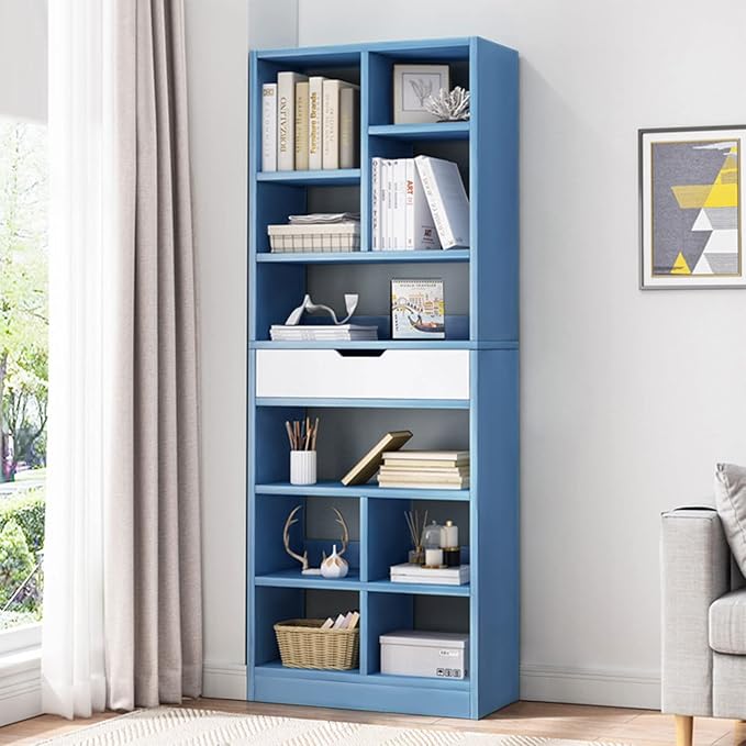 IOTXY Wooden Open Shelf Bookcase - 71 Inches Tall Freestanding Display Storage Cabinet Organizer with 10 Cubes and a Drawer, Floor Standing Bookshelf in Bright Blue
