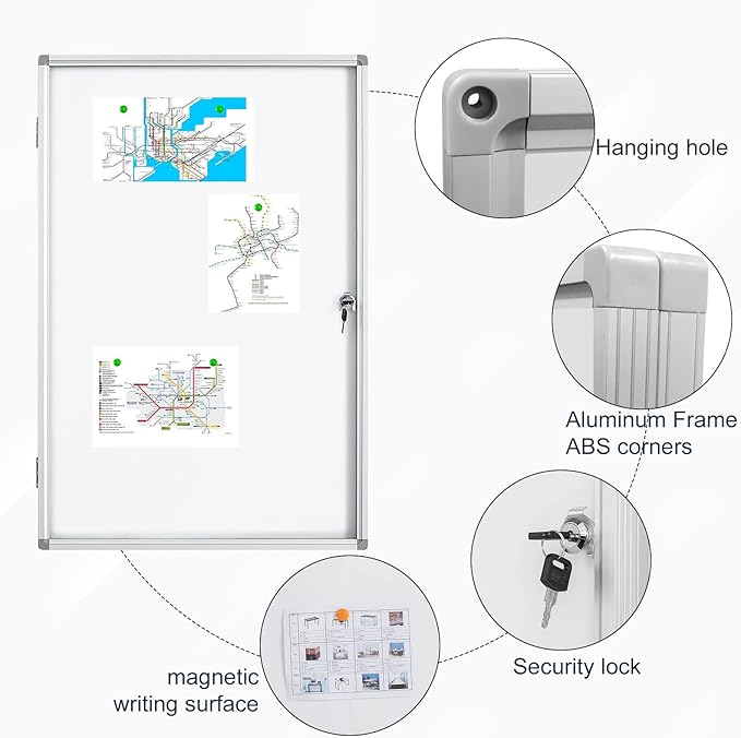 BEST BOARD Lockable Magnetic Enclosed 36x24 inches Dry-Erase whiteboard, Tamper-Resistant Wall-Mounted Display whiteboard, Aluminum-Framed Window whiteboard (White)