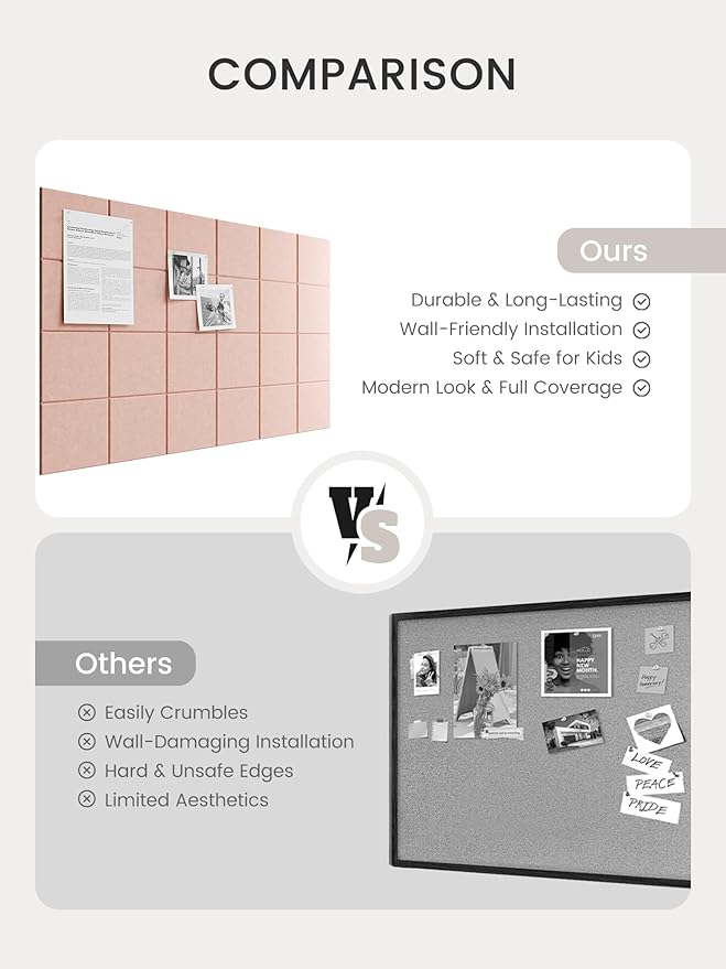 Bumusty Large Cork Board Alternative-36 x24 Felt Bulletin Board Tiles, with 30 Pushpins, 40 Adhesive Tabs, 6-Pack Slat Wall Paneling, Cork Boards for Office Push Pin Board Felt Board-Pink