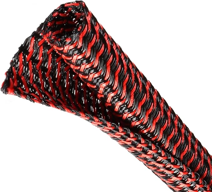 Split Wire Loom Tubing, Cable Protector Sleeve, Braided Cable Management for TV/Computer/Home Theater/Engine Bay, Cord Protectors from Pets No Chew (Red and Black, 1"-25ft)