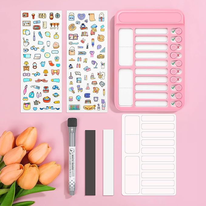 Audab Dry Erase Chore Chart for Kids, Magnetic Checklist Board, My Chores Slider Chart to Do List Board, Routine Reward Chart Schedule Board Task Tracker for Home Refrigerator, Wall, Desk (Pink)