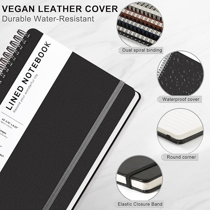 ABERLLS Black Lined Spiral Journal Notebook with 160 Pages, 8×5.7in, A5 Spiral Notebooks, Journaling Notebooks for Work, School, Women, Men, College Ruled Notebook, Hardcover Leather Journals