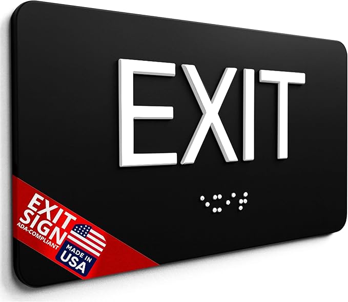NAP TAGS Exit Sign ADA Compliant with Braille – Black Tactile Exit Sign 6" x 9", Indoor, Easy Installation, Made in the USA