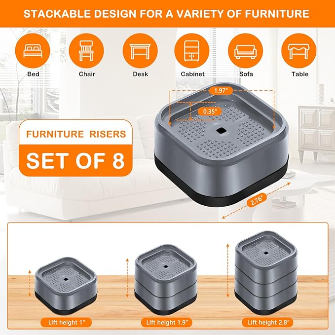 shouwuhho 8 Pack Furniture Risers Adjustable Bed Risers Heavy Duty Lifts Height 1", Square Stackable Bed Risers 1, 2 or 3 Inch for Desk Leg Table Couch Sofa Chair Bed Frame Legs Dorm, Gray