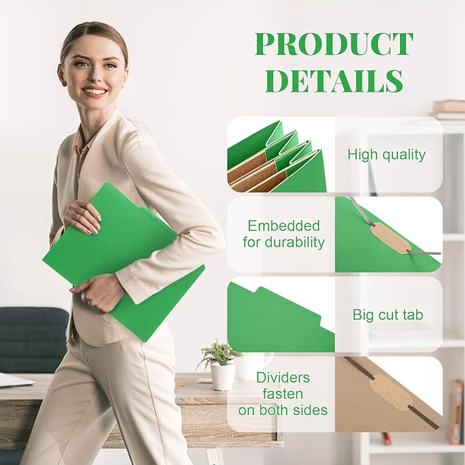 12 Pcs Classification Folders Letter Size 3 Pocket Dividers Employee File Folder with 2 Prongs Fasteners, 2 in Expansion Heavy Duty Pressboard File Holder for School Office Medical Document(Green)